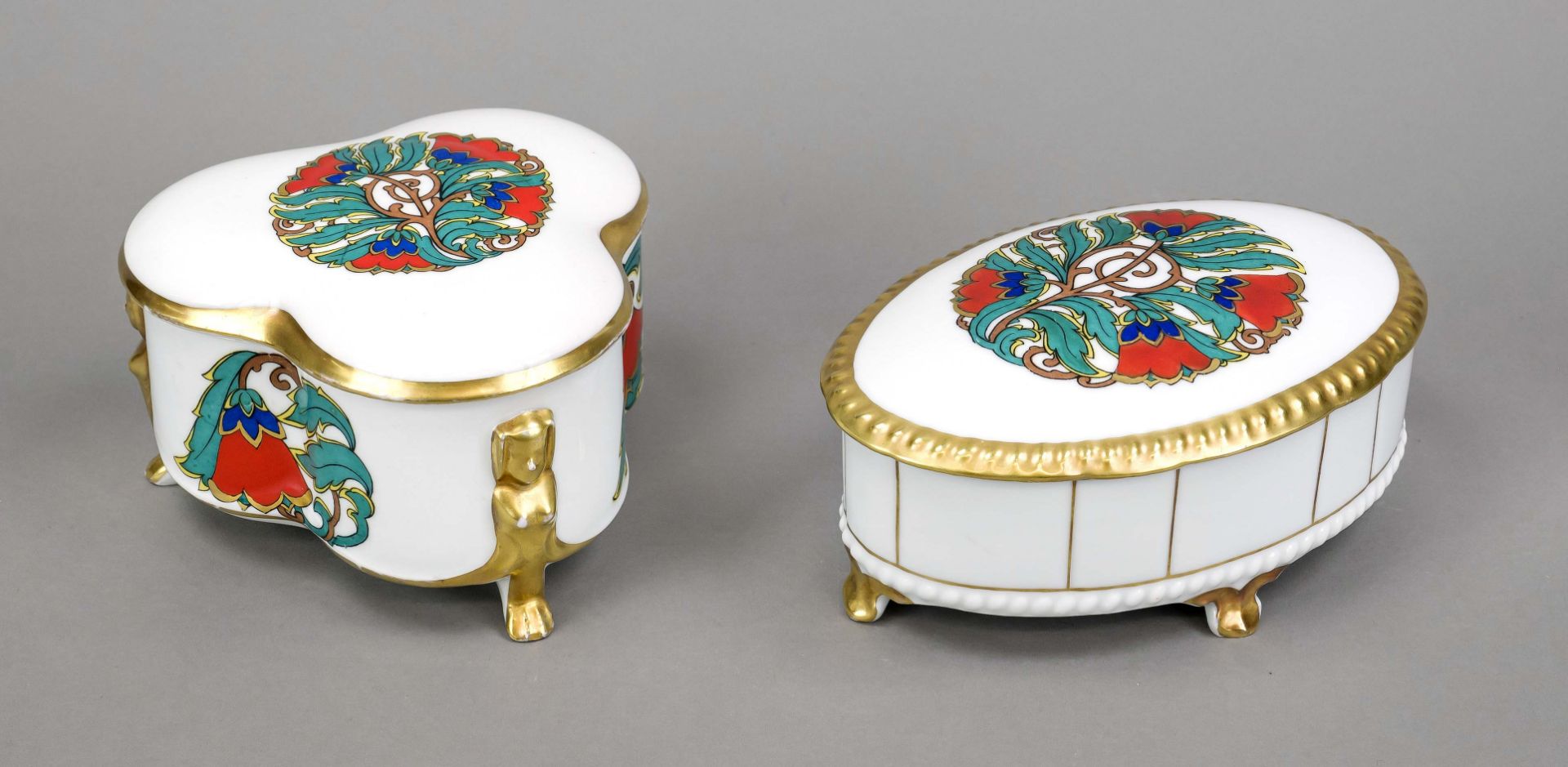 Two Art Deco lidded boxes, Baensch Lettin, marks 1927-45, corresponding polychrome decoration with