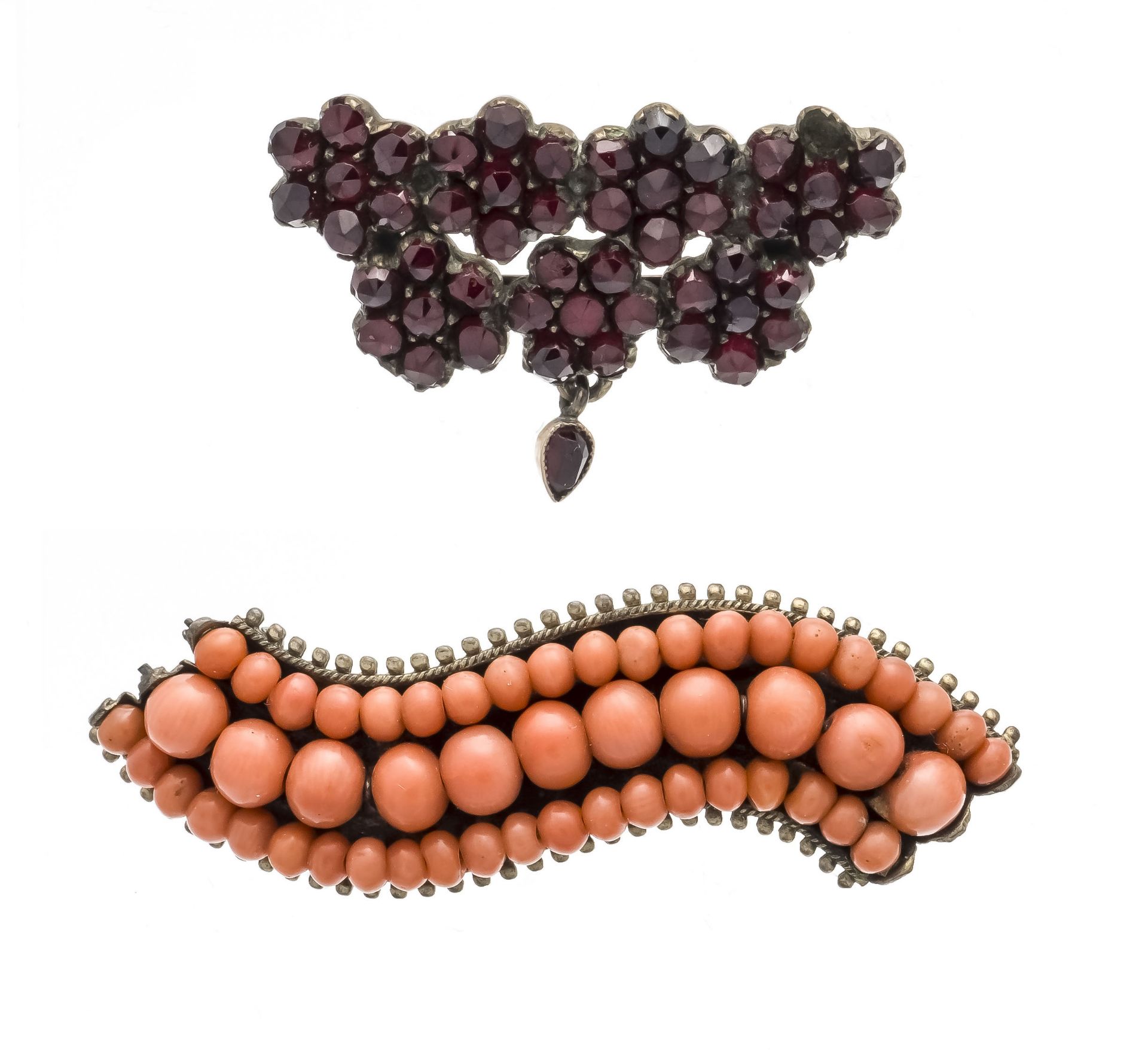 2-piece brooch set, silver, partially gold-plated, with coral spheres 5 and 3 mm in salmon pink