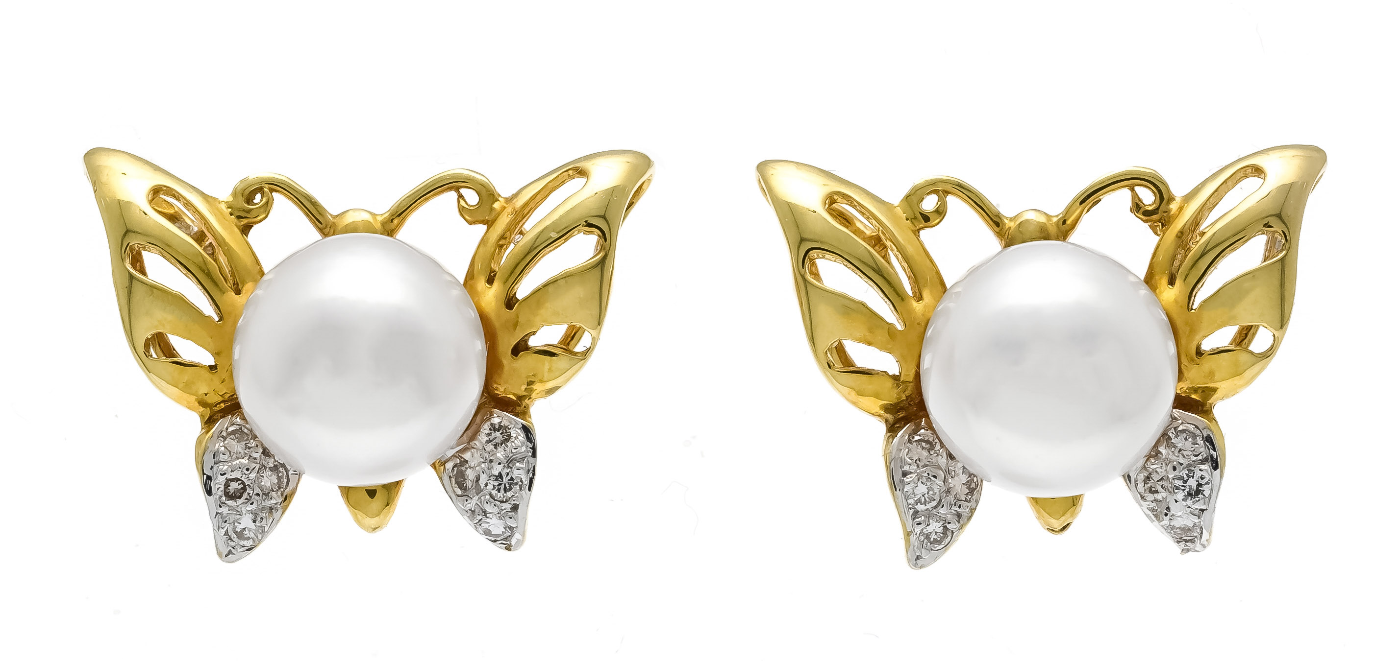 Motif stud earrings GG/WG 585/000 in the shape of butterflies set with 2 white Akoya pearls 7 mm and