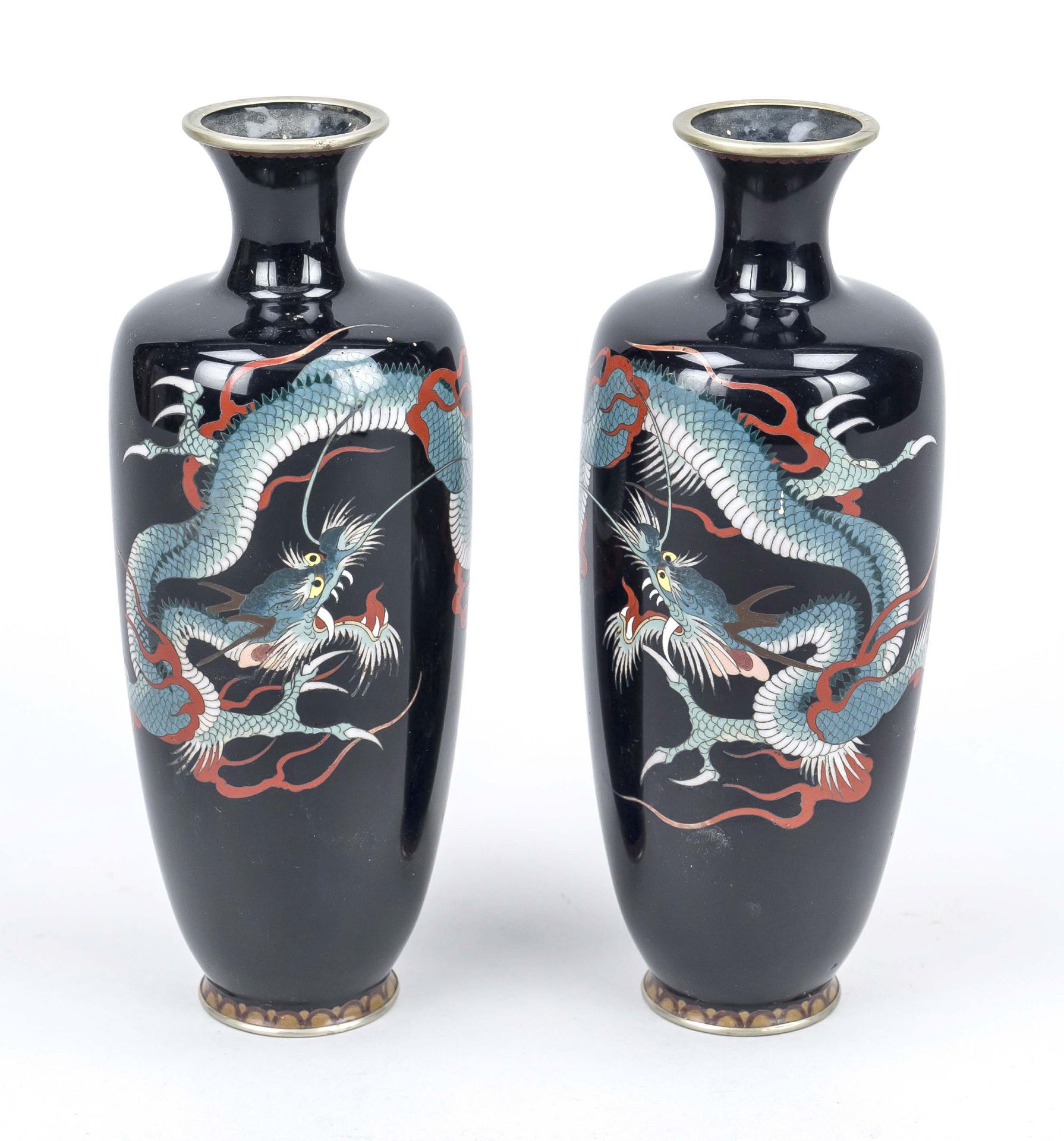 Pair of dragon cloisonné vases, Japan c. 1900 (Meiji). Coiling dragons on a midnight blue ground.