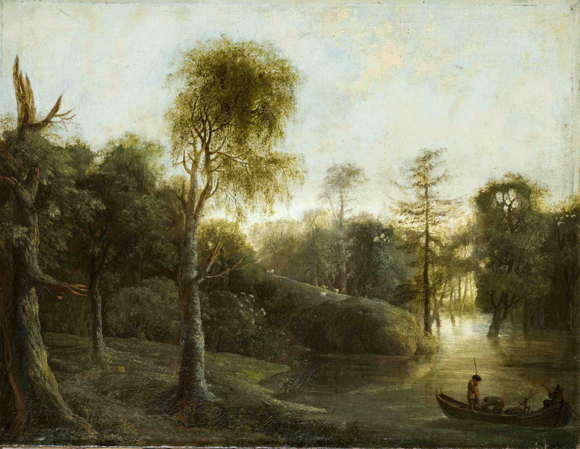 Friedrich Christian Klass (1752-1827), Dresden painter, Romantic river landscape with fishermen in