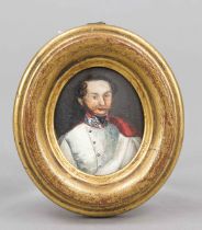 Oval miniature, Austria c. 1830, polychrome tempera painting on bone plate. Young officer with