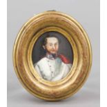 Oval miniature, Austria c. 1830, polychrome tempera painting on bone plate. Young officer with