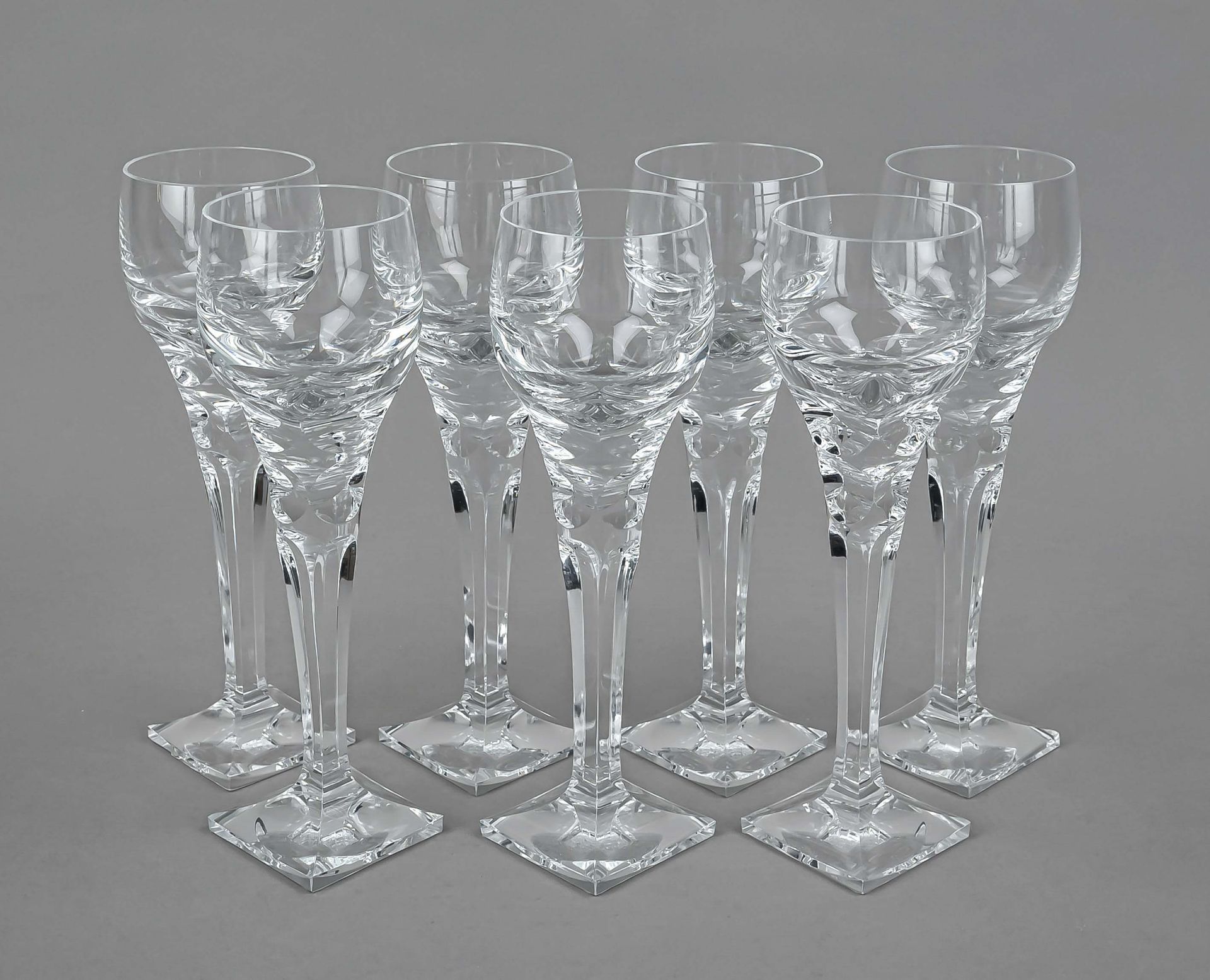 Seven wine goblets, Czechoslovakia, 2nd half 20th century, Moser, Karlovy Vary, square base, slender