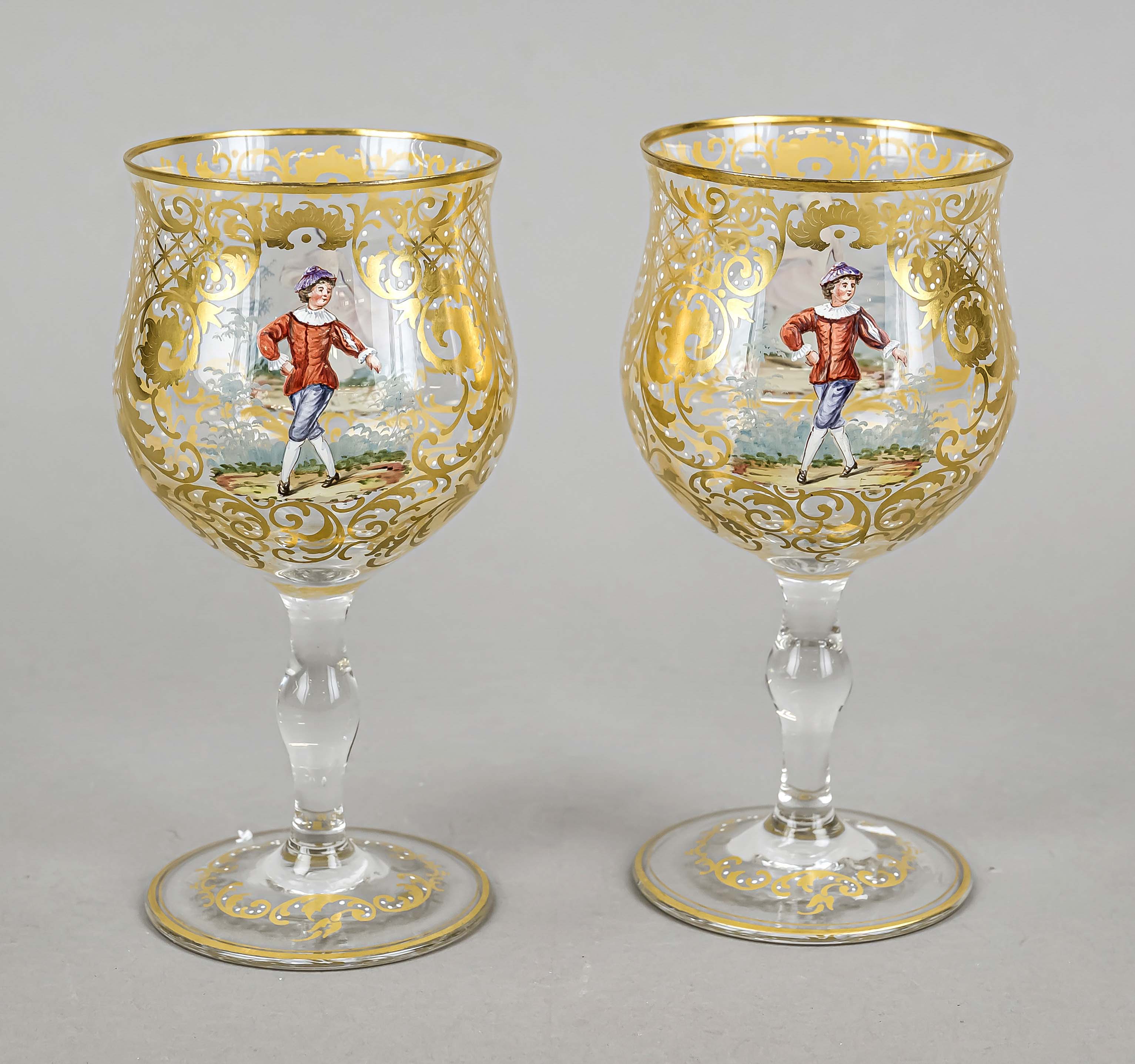 Pair of wine goblets, late 19th century, round disk stand, baluster stem, bell-shaped dome, clear