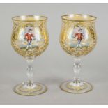 Pair of wine goblets, late 19th century, round disk stand, baluster stem, bell-shaped dome, clear