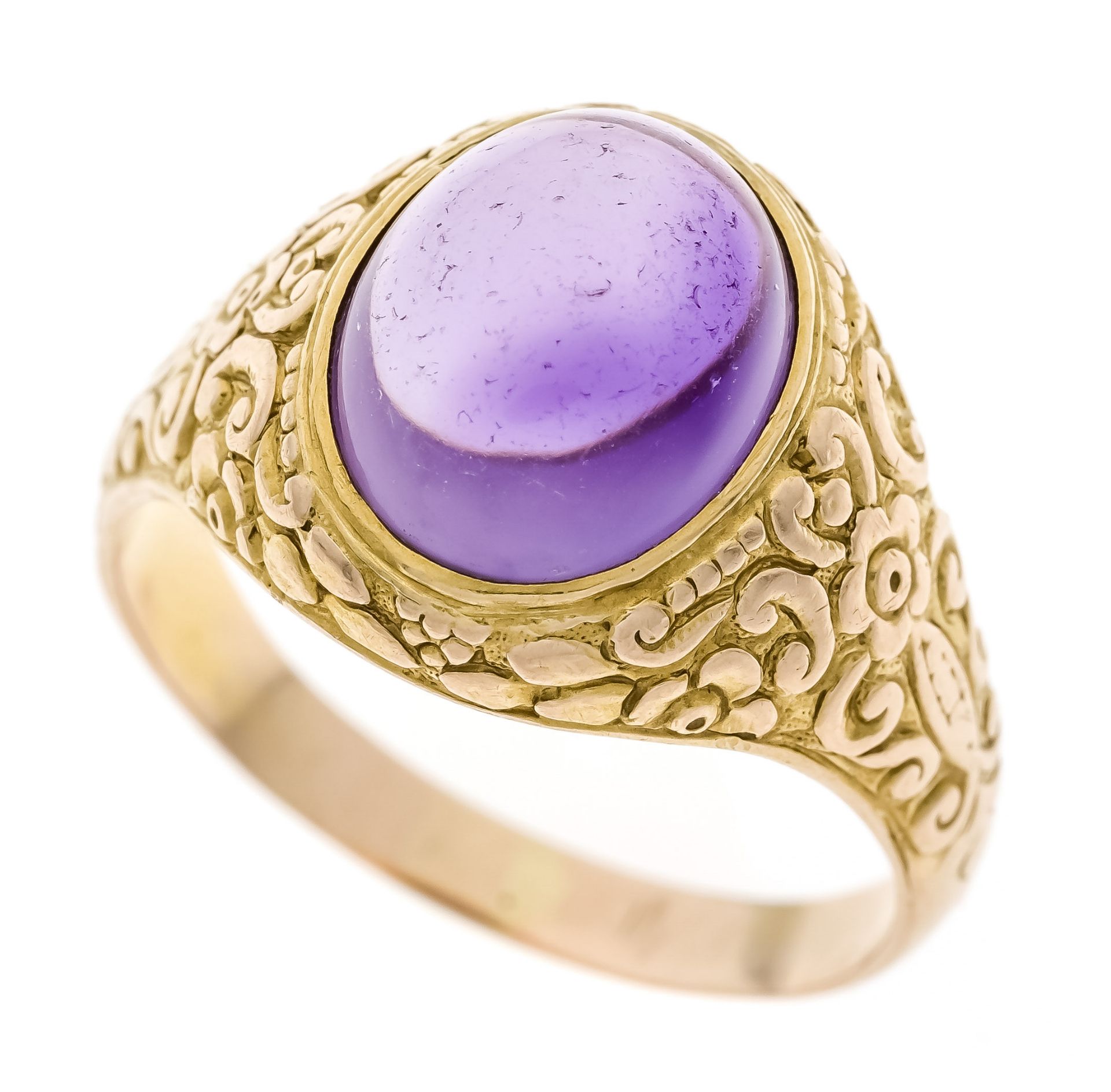 Amethyst ring GG 585/000 with fine ornamental and floral embossing, set with an oval amethyst