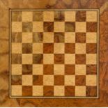 Large chessboard, Scandinavia? 20th century, fine veneer work made of dark and light woods. Signed