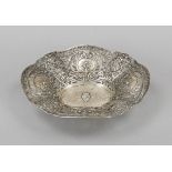 Oval openwork bowl, c. 1900, hallmarked silver, oval stand, curved body, richly pierced wall with