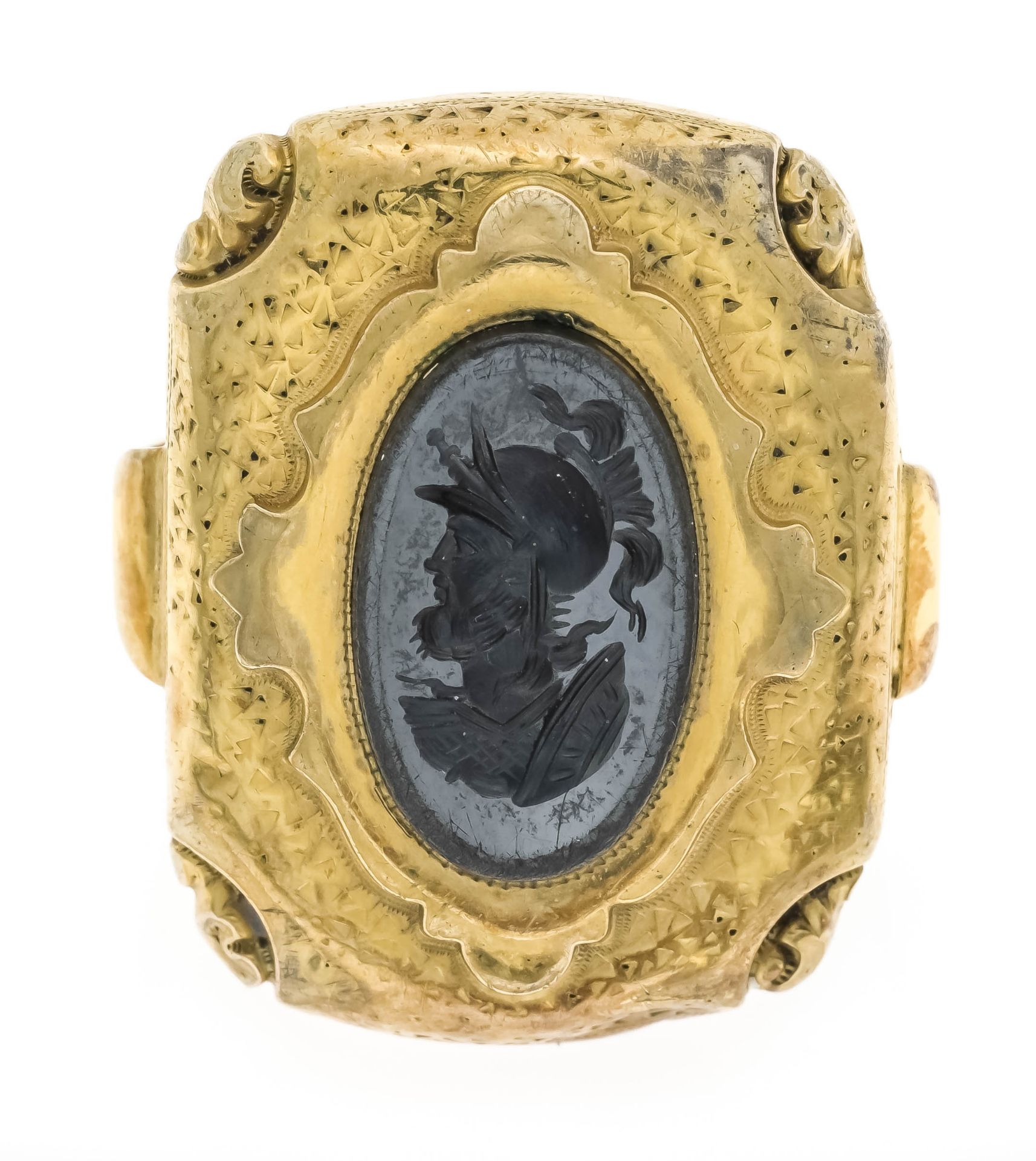 Foam gold ring GG 550/000 unmarked, tested, with an oval hematite 15 x 9 mm, finely cut with a - Image 2 of 2