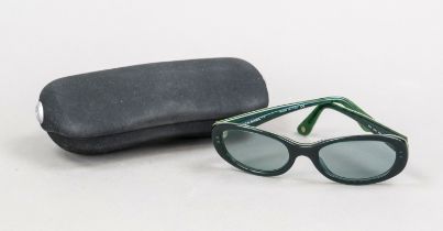 Chanel, sunglasses, pine green plastic frame with lime green color accents, green tinted lenses,