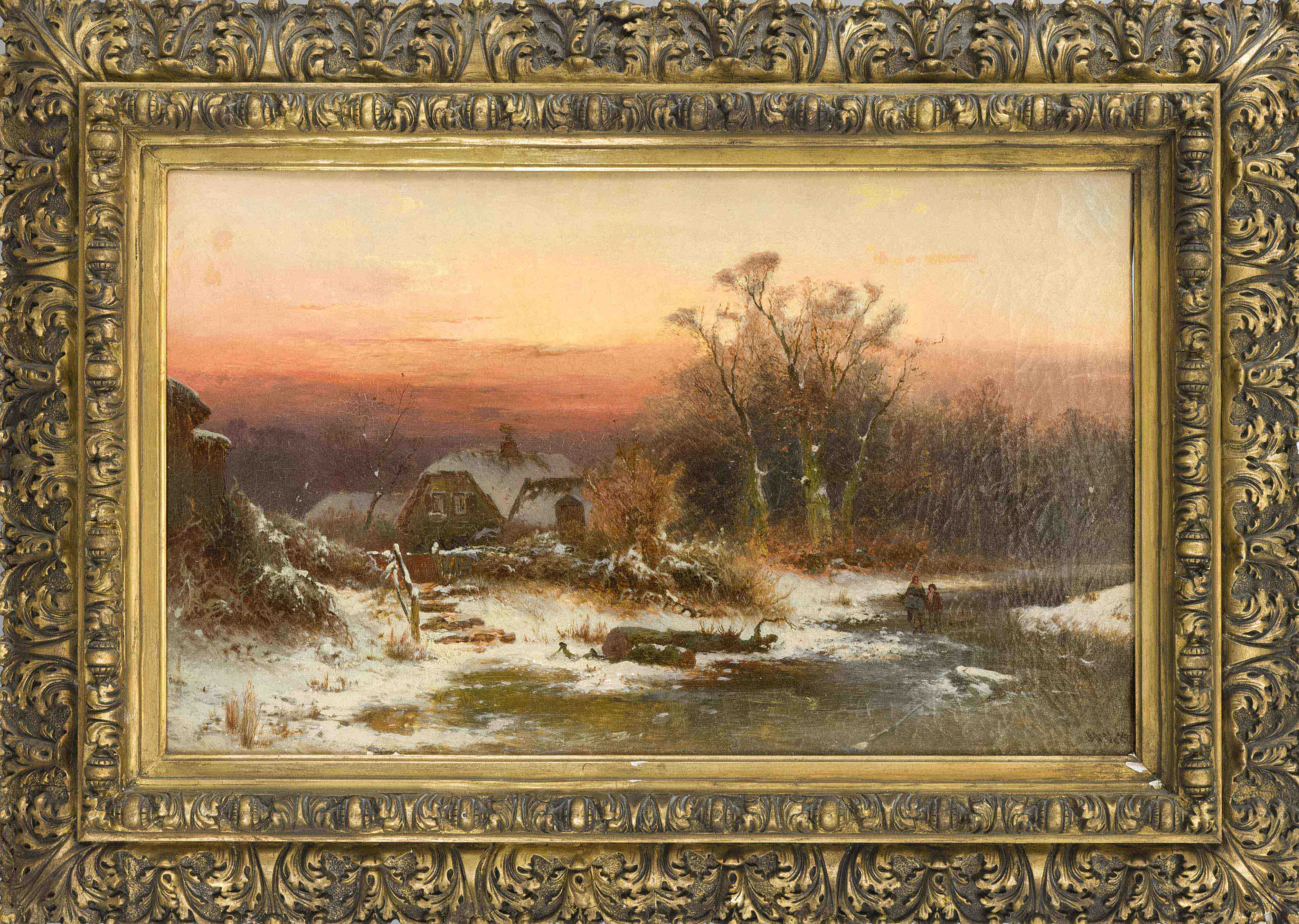 Hugo Veit (1816-1893), Berlin-based landscape painter, Winter landscape in atmospheric sunset with