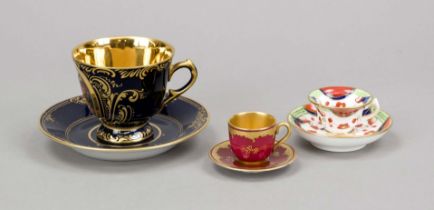 Three cups with saucer, 20th century, demitasse cup, gold painter's mark, polychrome scene on the