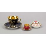 Three cups with saucer, 20th century, demitasse cup, gold painter's mark, polychrome scene on the