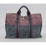 Hermes, Large Vintage Fourre Tout Bicolor Canvas Tote Bag, burgundy and black canvas, silver-colored