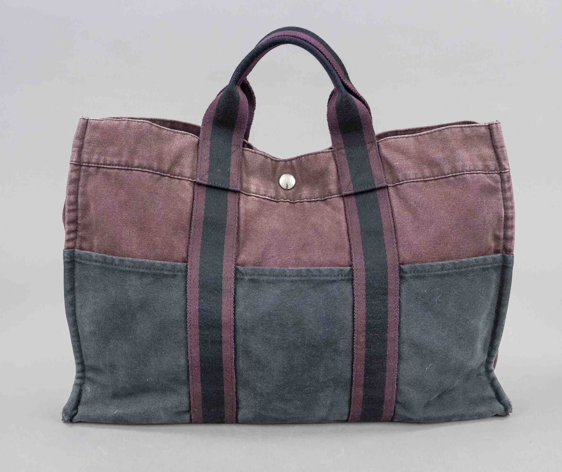 Hermes, Large Vintage Fourre Tout Bicolor Canvas Tote Bag, burgundy and black canvas, silver-colored