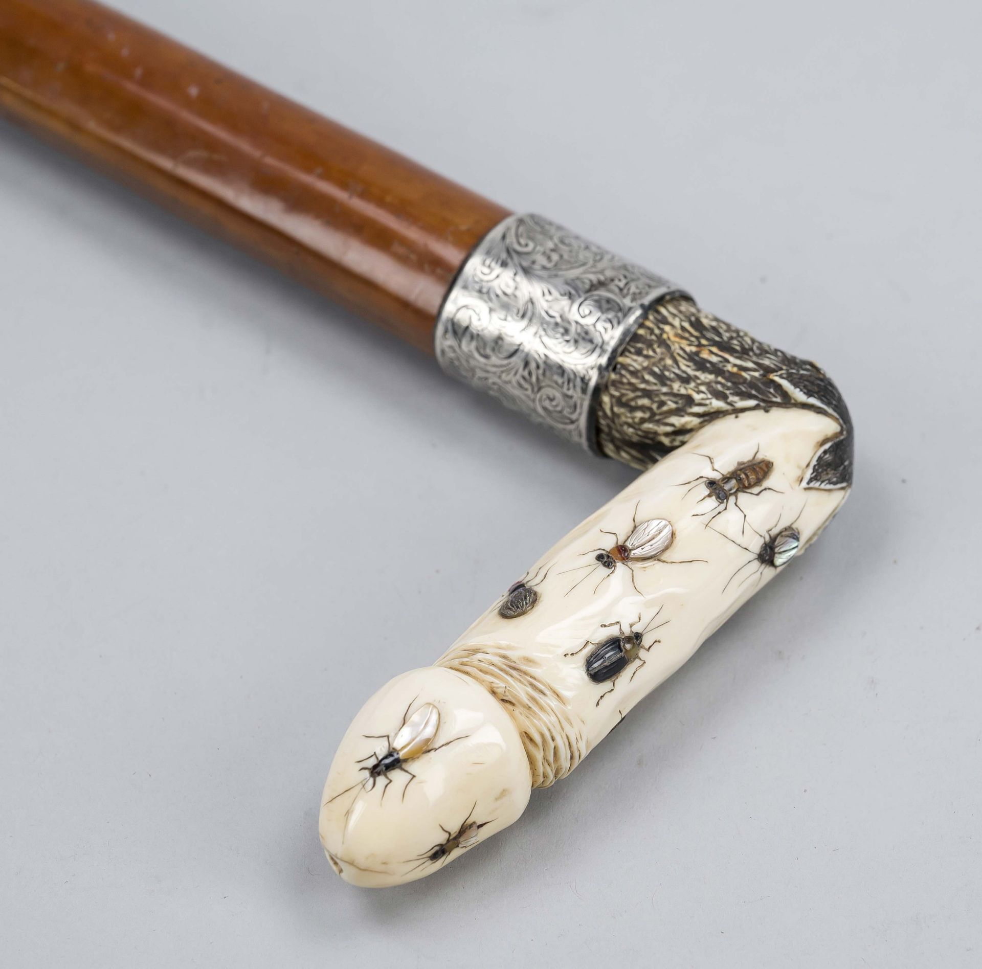 Walking stick with Shibayama handle in the shape of a phallus, Japan c. 1900 (Meiji), ivory inlaid