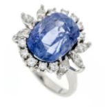 Ceylon sapphire-brilliant ring WG 585/000 with a fine unheated oval faceted Ceylon sapphire 12.18 ct