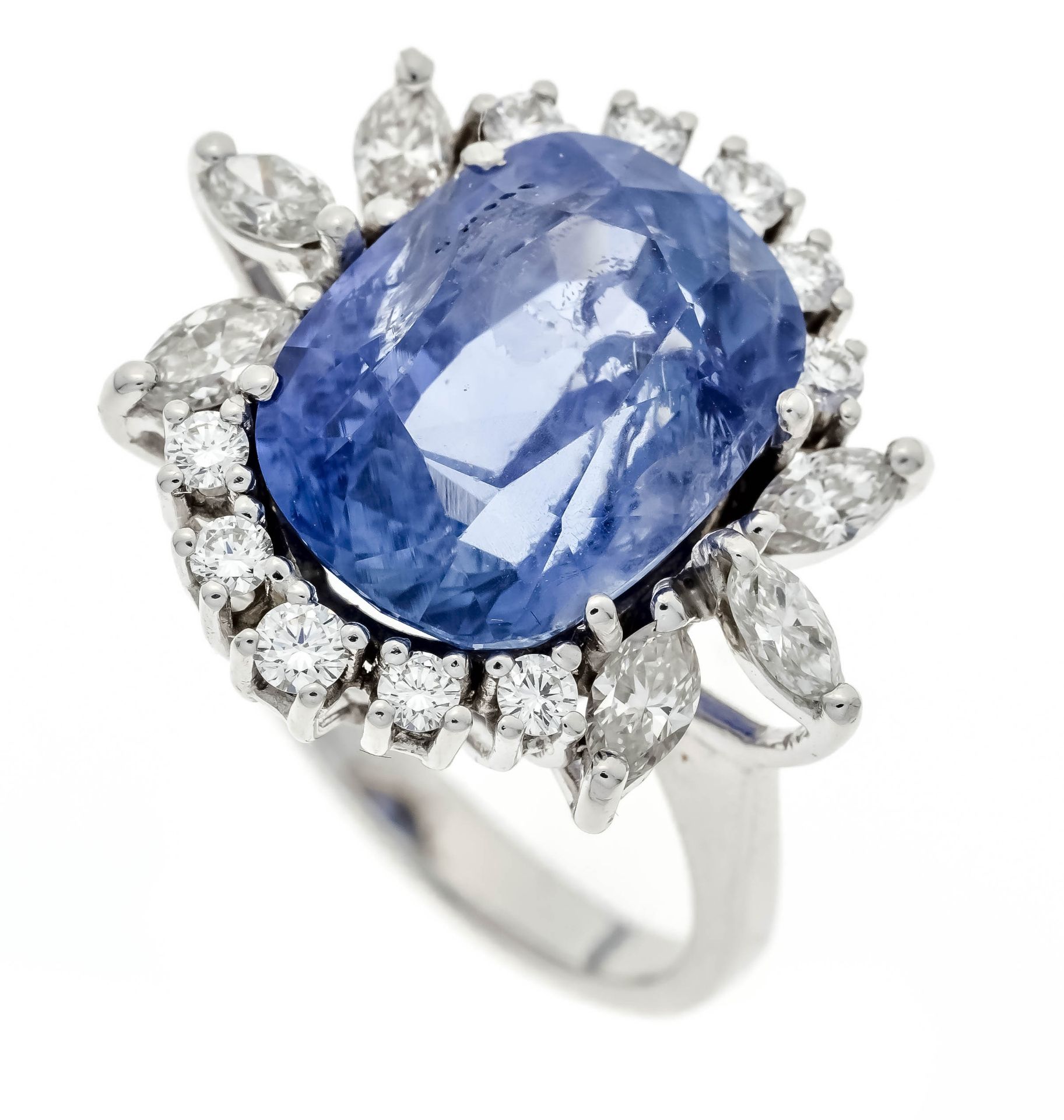 Ceylon sapphire-brilliant ring WG 585/000 with a fine unheated oval faceted Ceylon sapphire 12.18 ct