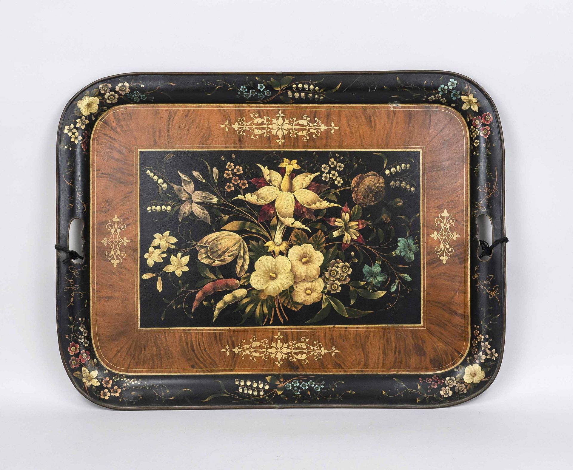 Large tray, late 19th century, painted iron, richly decorated with flowers, two handles on the