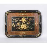 Large tray, late 19th century, painted iron, richly decorated with flowers, two handles on the