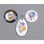 Three miniature painting pendants, 2x Meissen, marks after 1934, 1st choice, 1x drop shape,