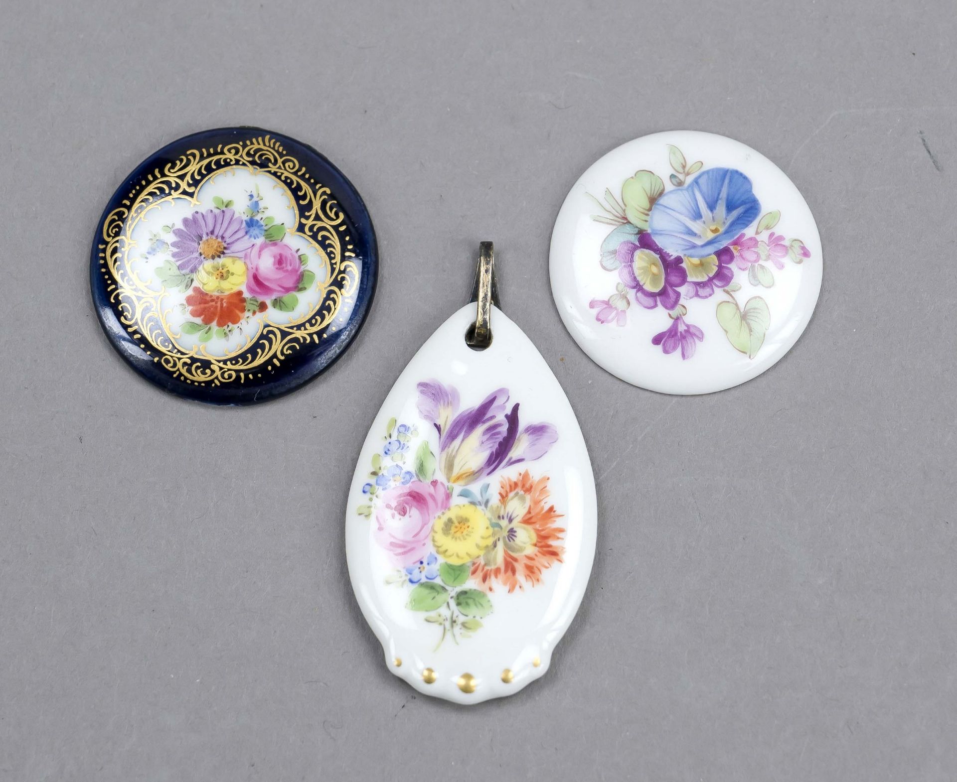 Three miniature painting pendants, 2x Meissen, marks after 1934, 1st choice, 1x drop shape,