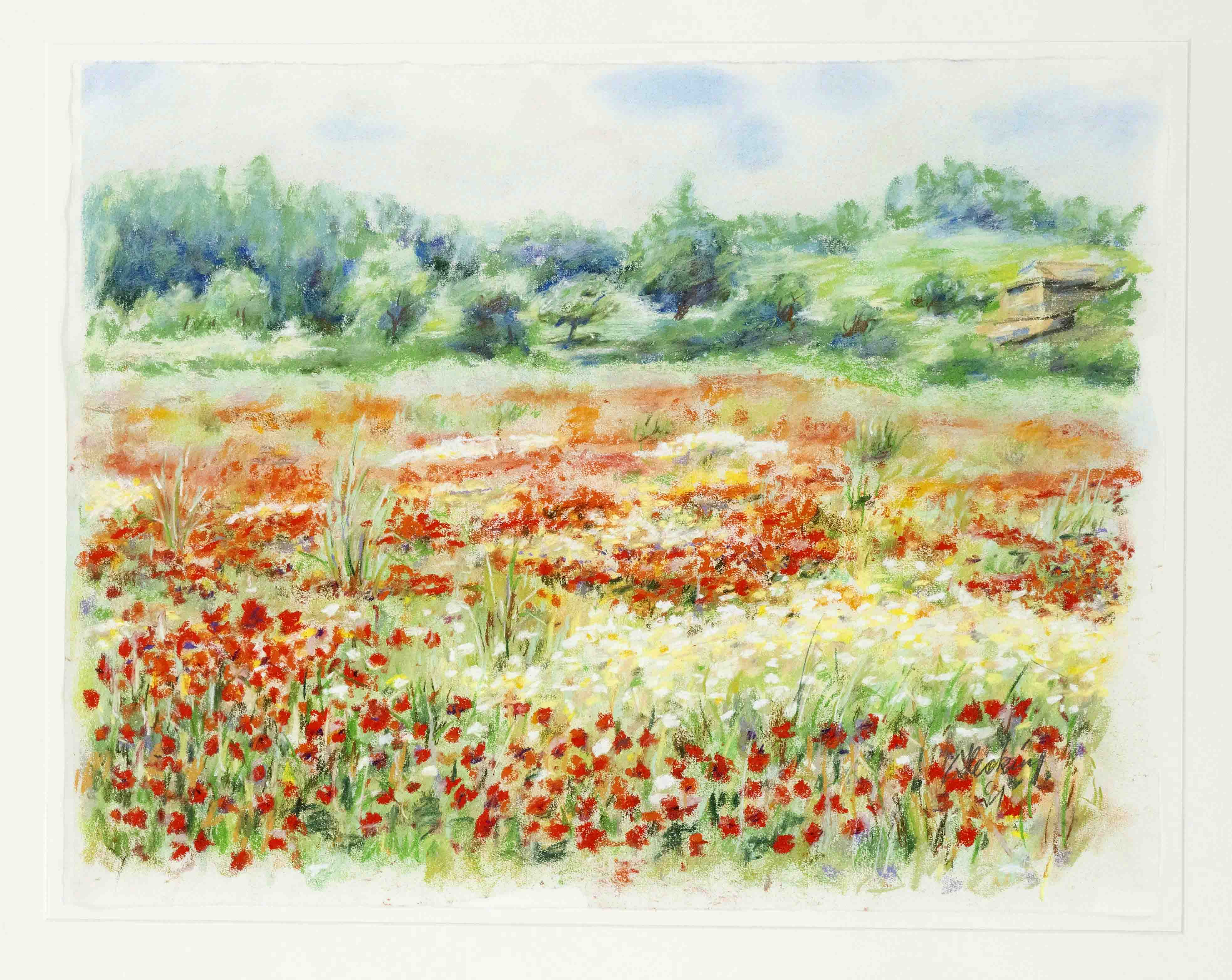 signed Hecking, late 20th century, blossoming summer landscape, pastel chalk on laid paper, signed