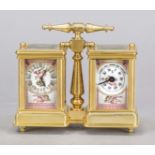 Travel alarm clock and barometer, 2nd half 20th century, gilt brass with top mounted handle, faceted