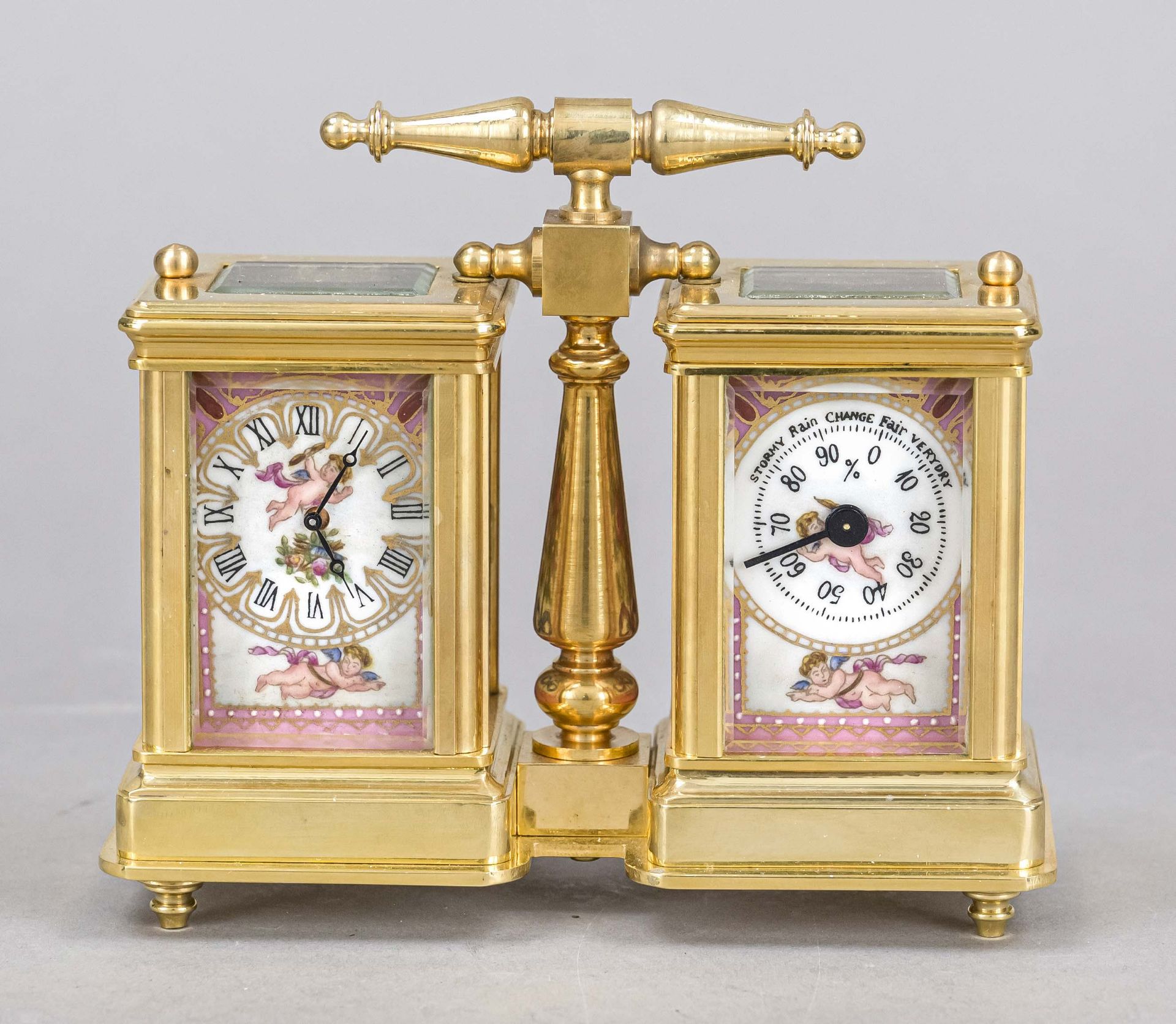 Travel alarm clock and barometer, 2nd half 20th century, gilt brass with top mounted handle, faceted