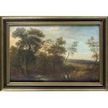 Anton Quatal (1736-1809), Landscape with Par Force Hunters, a wide, flat river landscape with a