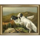 English animal painter late 19th century, Two scenting hounds in a hilly landscape, oil on canvas,