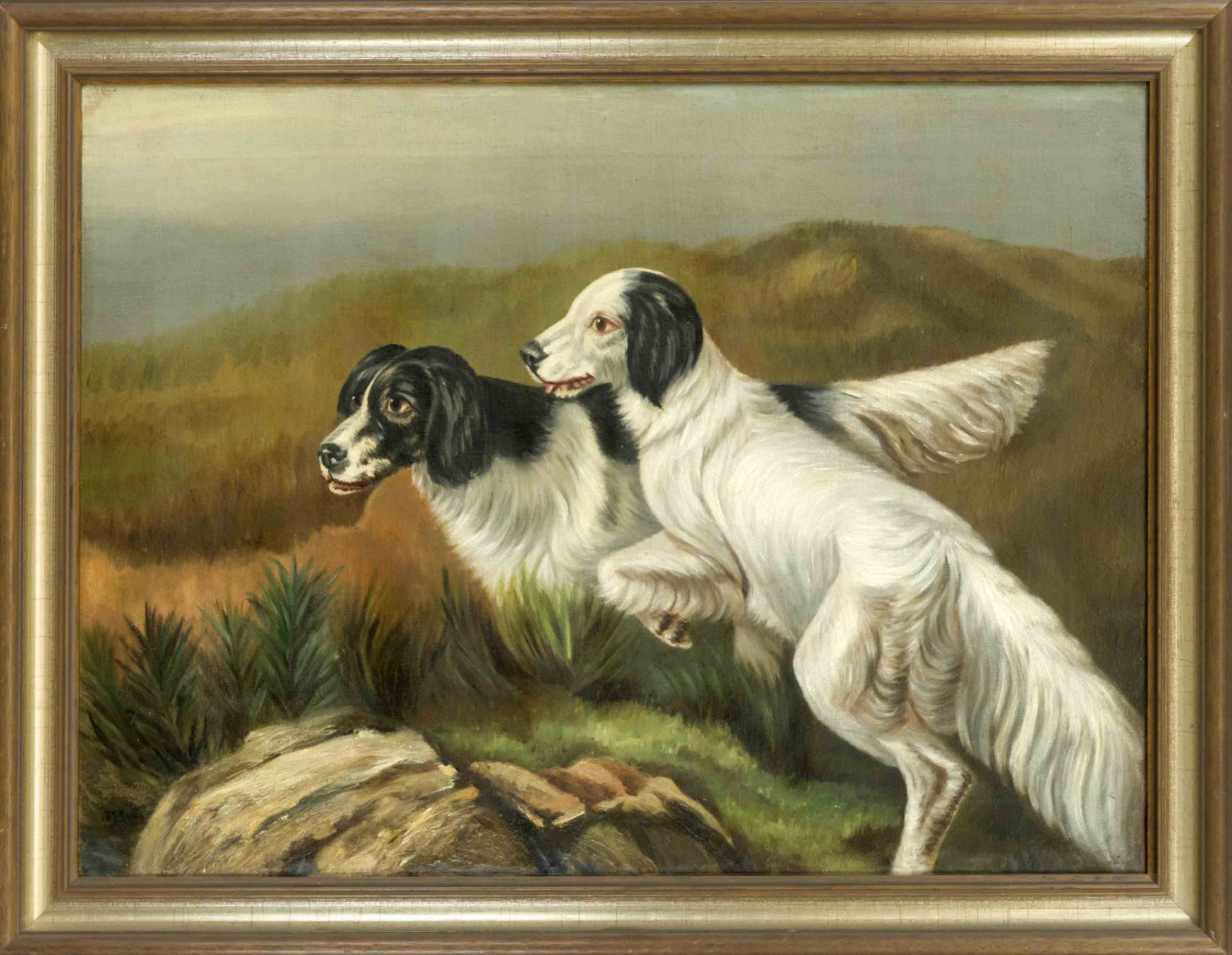 English animal painter late 19th century, Two scenting hounds in a hilly landscape, oil on canvas,