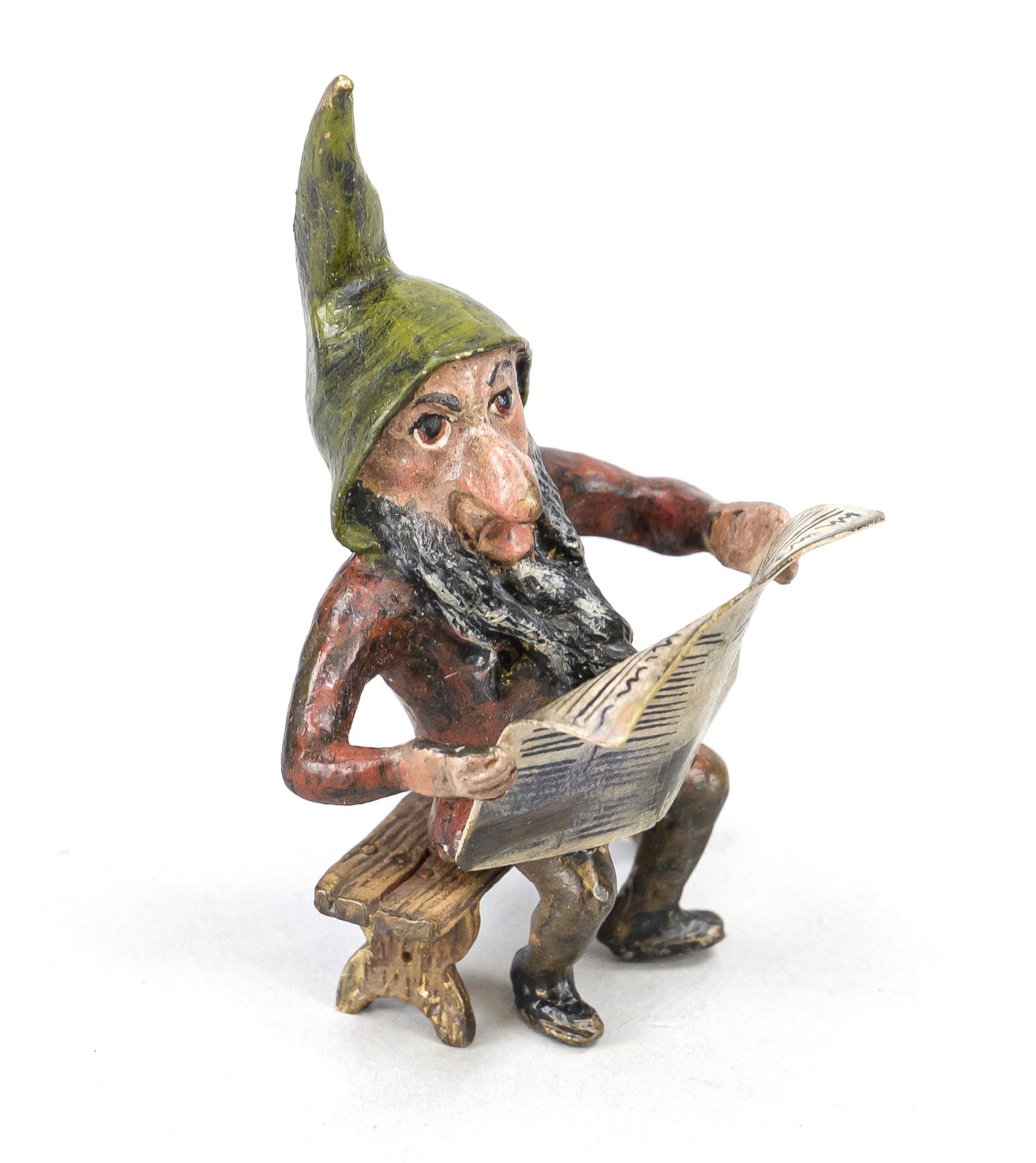 Small bronze in the style of Viennese bronzes, 20th century, Dwarf reading a newspaper, polychrome