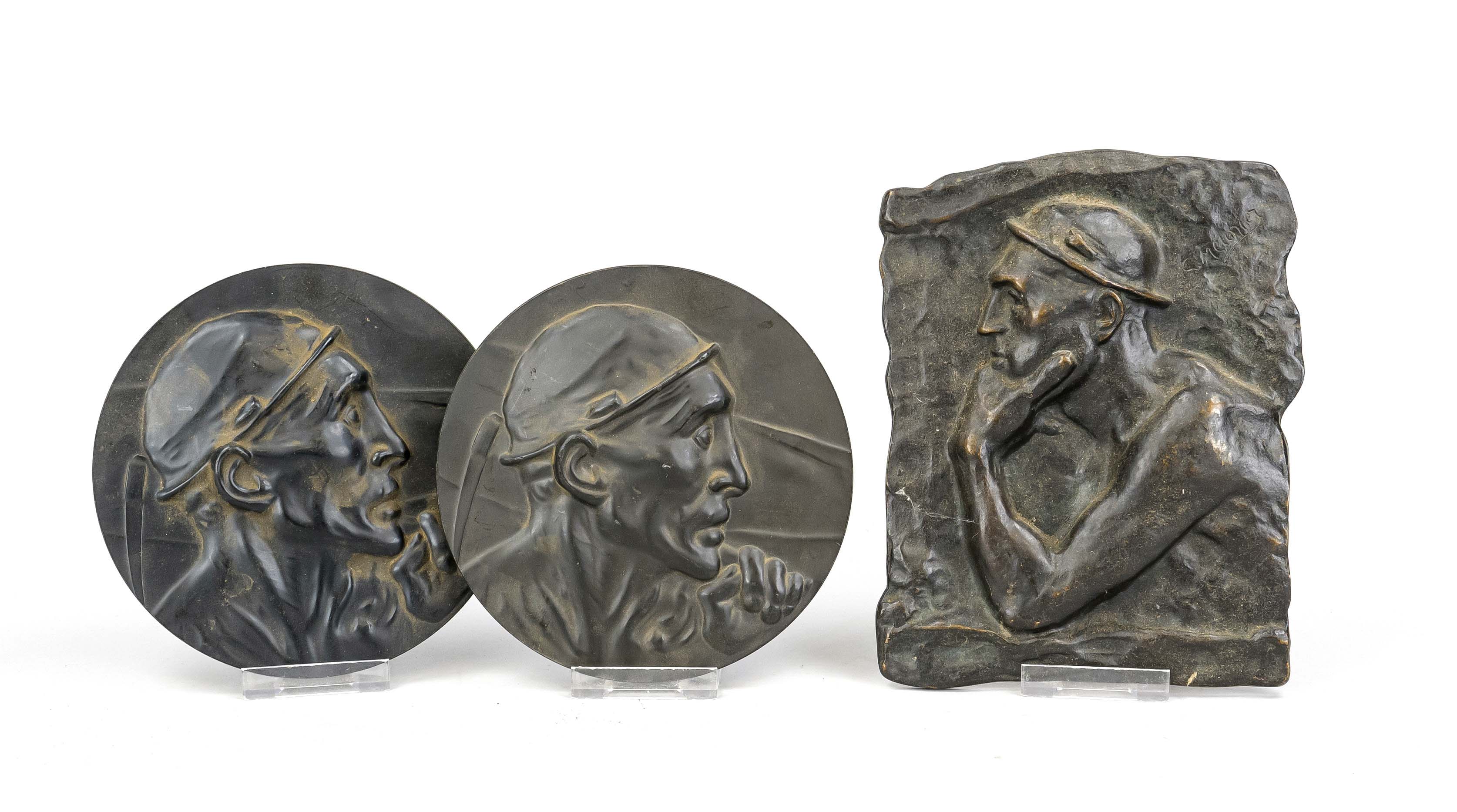 Constantin Emile Meunier (1831-1905), three reliefs with depictions of miners, one bronze relief,