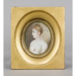 Miniature, early 19th century, polychrome tempera painting on bone plate, unopened, oval portrait of