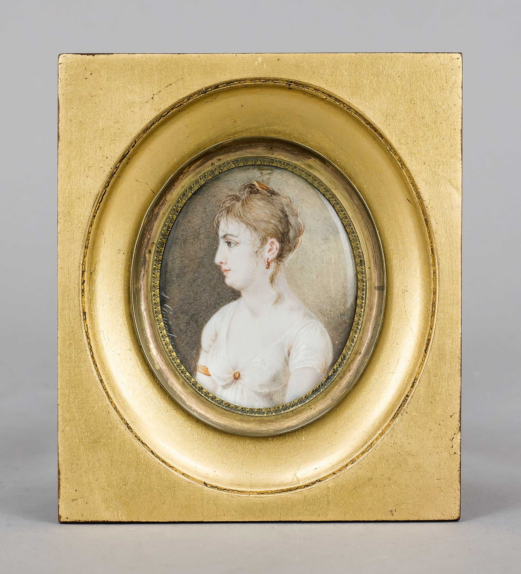 Miniature, early 19th century, polychrome tempera painting on bone plate, unopened, oval portrait of