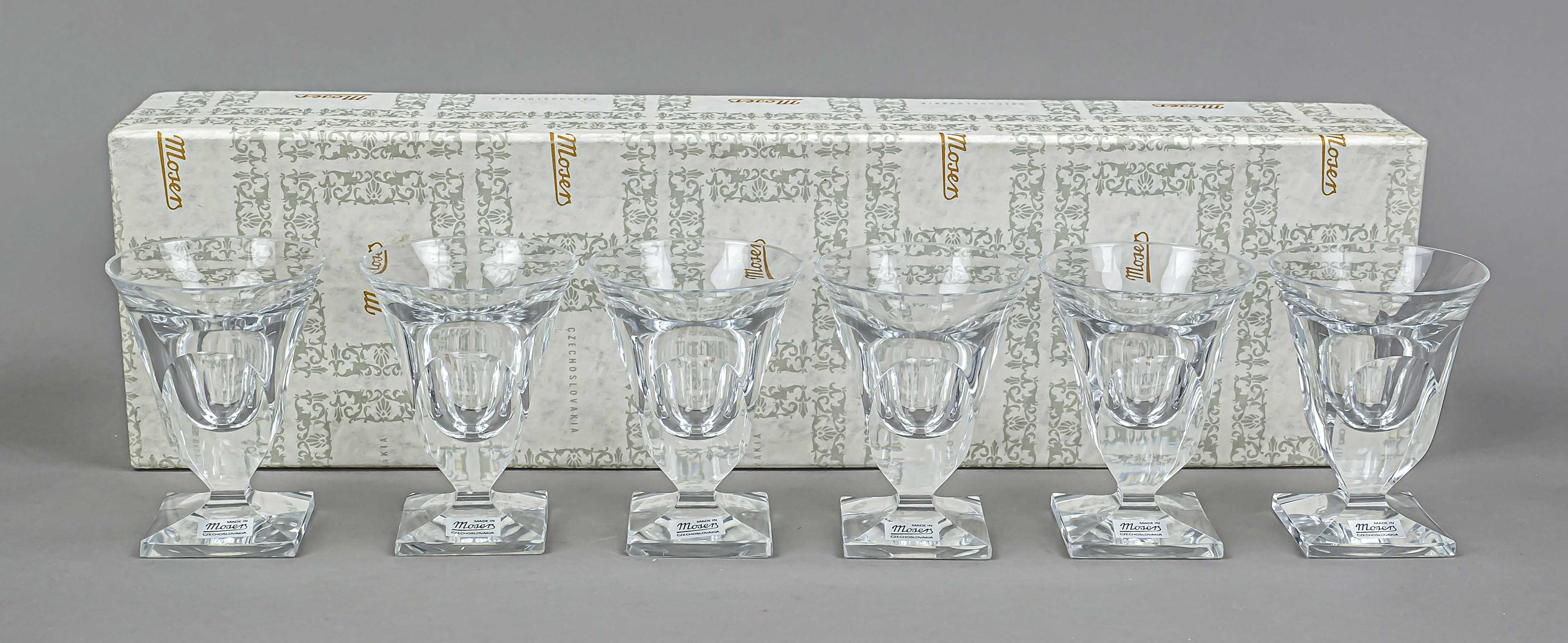 Six large shot glasses, Czechoslovakia, 2nd half 20th century, Moser, Karlovy Vary, square base,