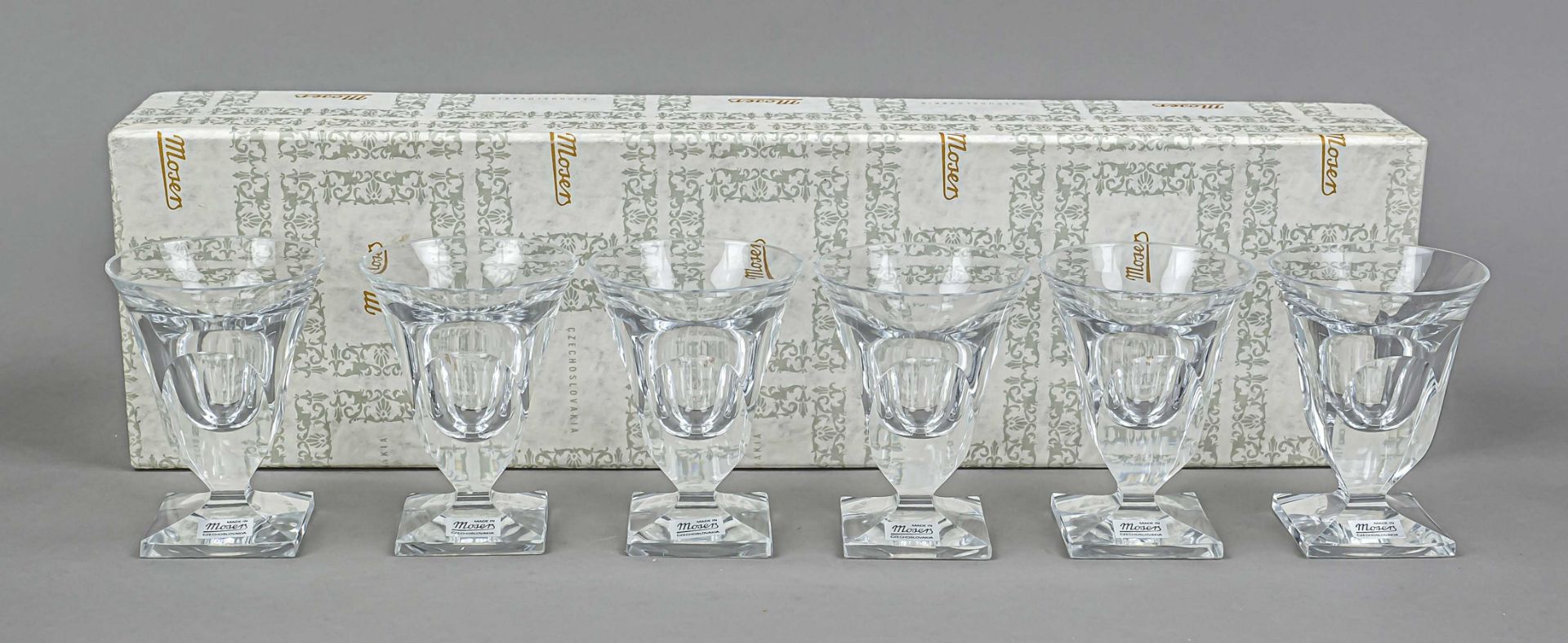 Six large shot glasses, Czechoslovakia, 2nd half 20th century, Moser, Karlovy Vary, square base,