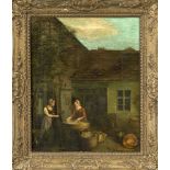 Anonymous genre painter c. 1850, Washerwomen with all kinds of utensils in the backyard, oil on