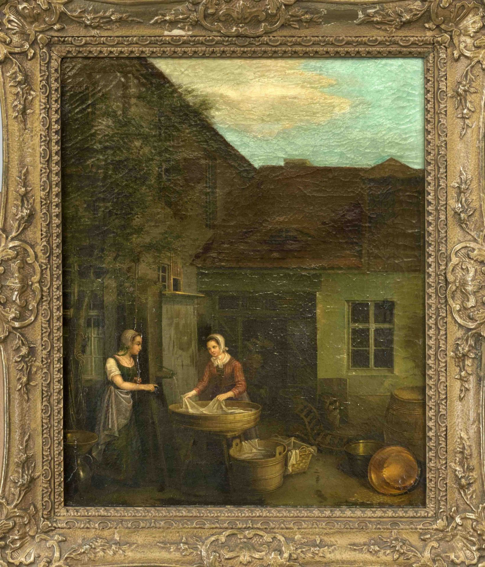 Anonymous genre painter c. 1850, Washerwomen with all kinds of utensils in the backyard, oil on