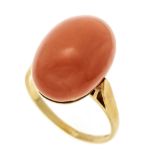Coral ring GG 585/000 with an oval coral cabochon 17 x 13 mm in a slightly marbled salmon orange, RG