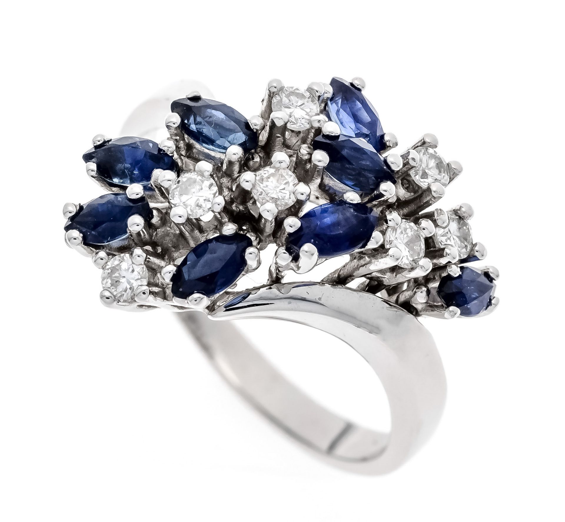 Sapphire-brilliant ring WG 585/000 with 8 faceted sapphire navettes 4.6 x 1.9 mm blue, translucent