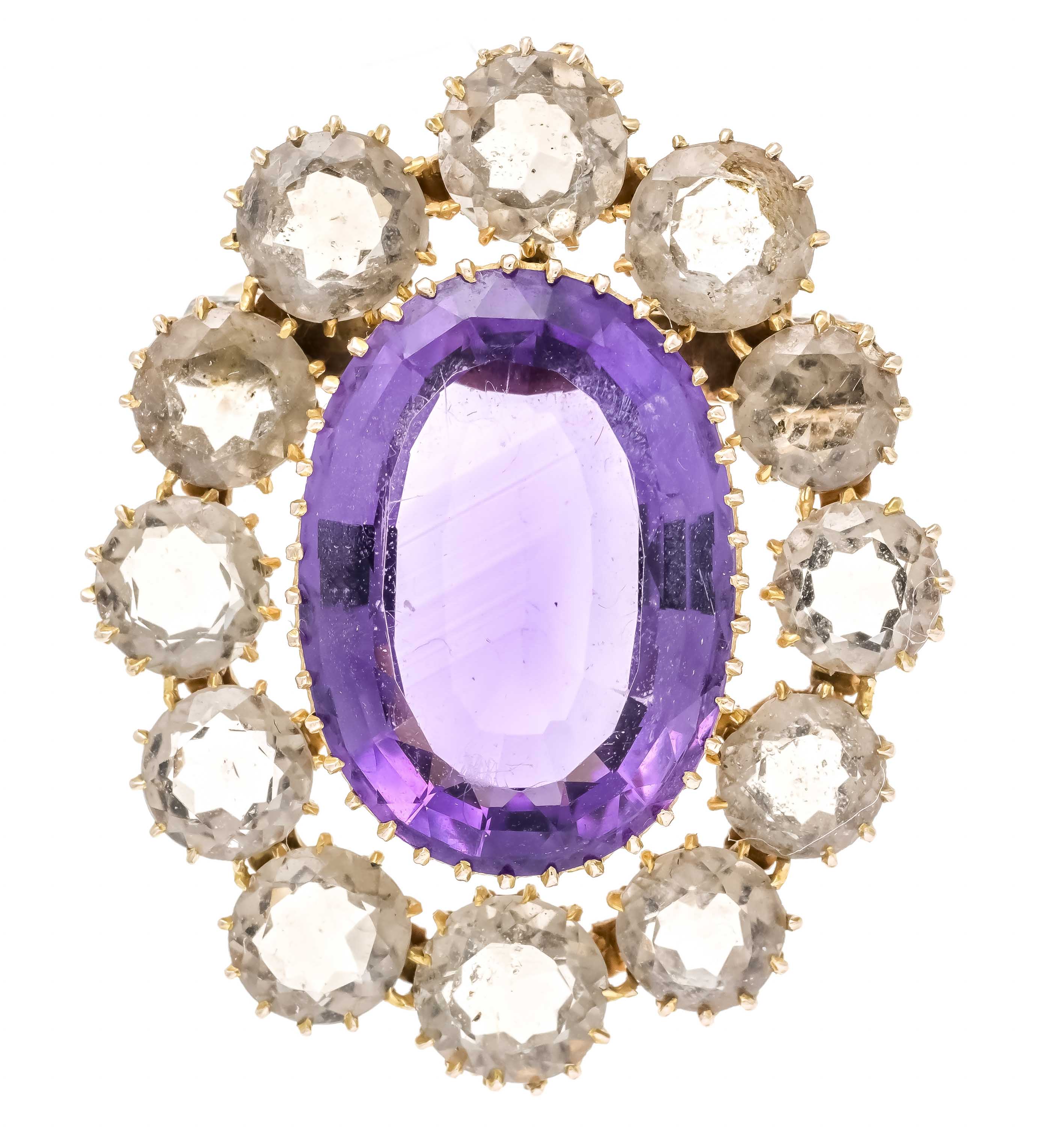 Amethyst brooch GG 585/000 with brooch silver-gilt, unstamped, tested, set with an oval faceted