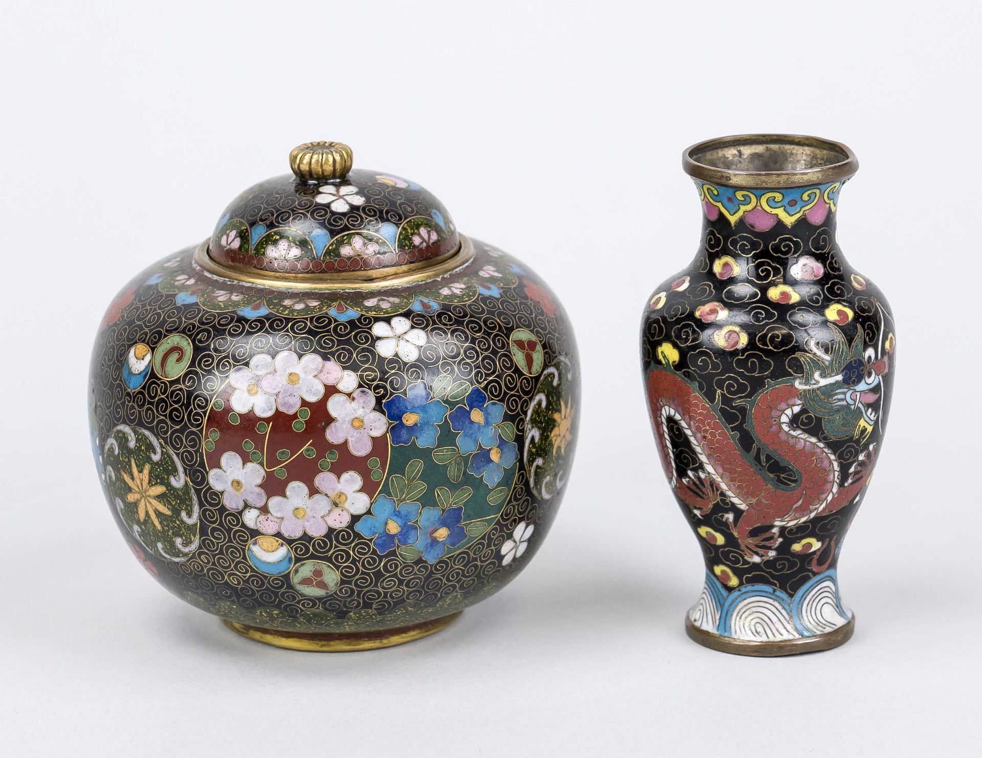 Cloisonné lidded box and vase, Japan, c. 1900, both with polychrome decoration of dragons and floral