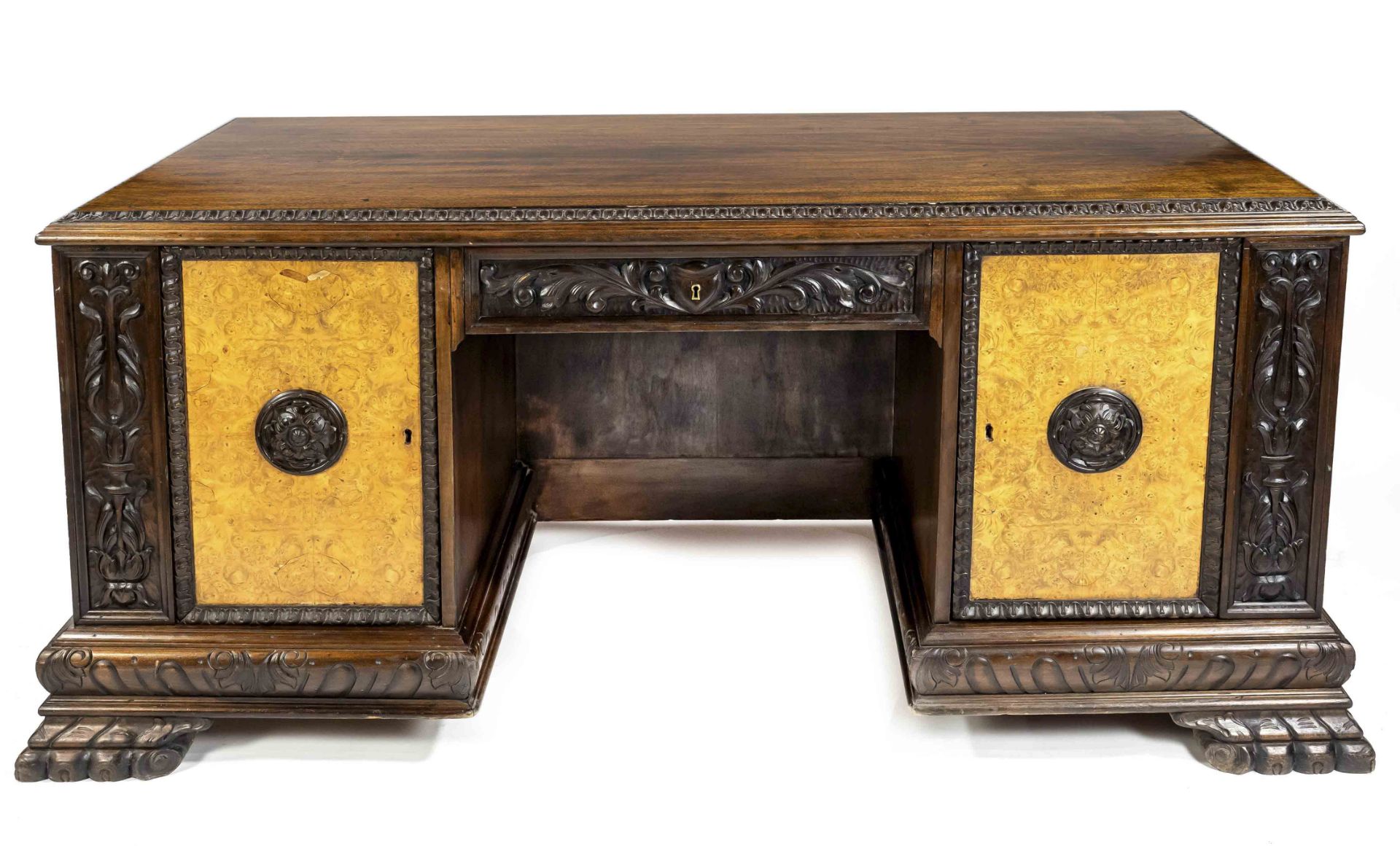 Man's desk, circa 1930, solid oak and walnut, veneered, doors with mirrored ash burl veneer, can