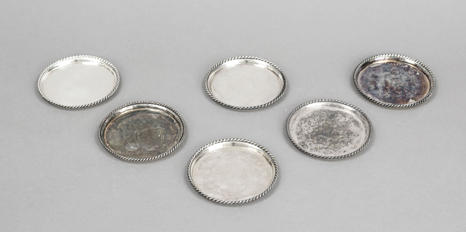 Six coasters, 20th century, marked FS, sterling silver 925/000, corded rim decoration, Ø 9 cm,