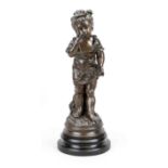 French sculptor, c. 1900, flower girl throwing a kiss, brown patinated metal cast on a wooden