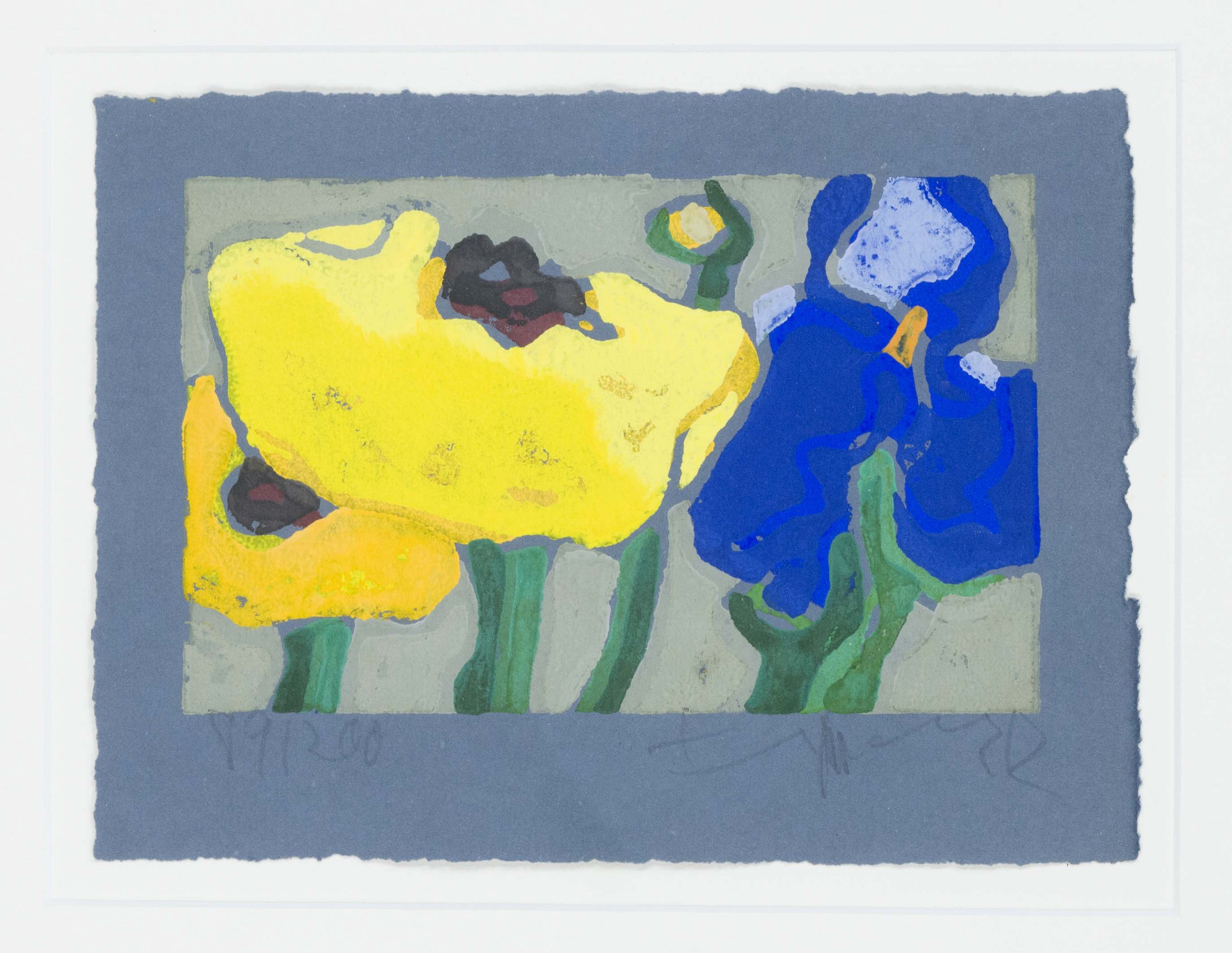 Klaus Fussmann (*1938), Iris und gelber Mohn, 2002, color linoleum cut on blue laid paper, signed