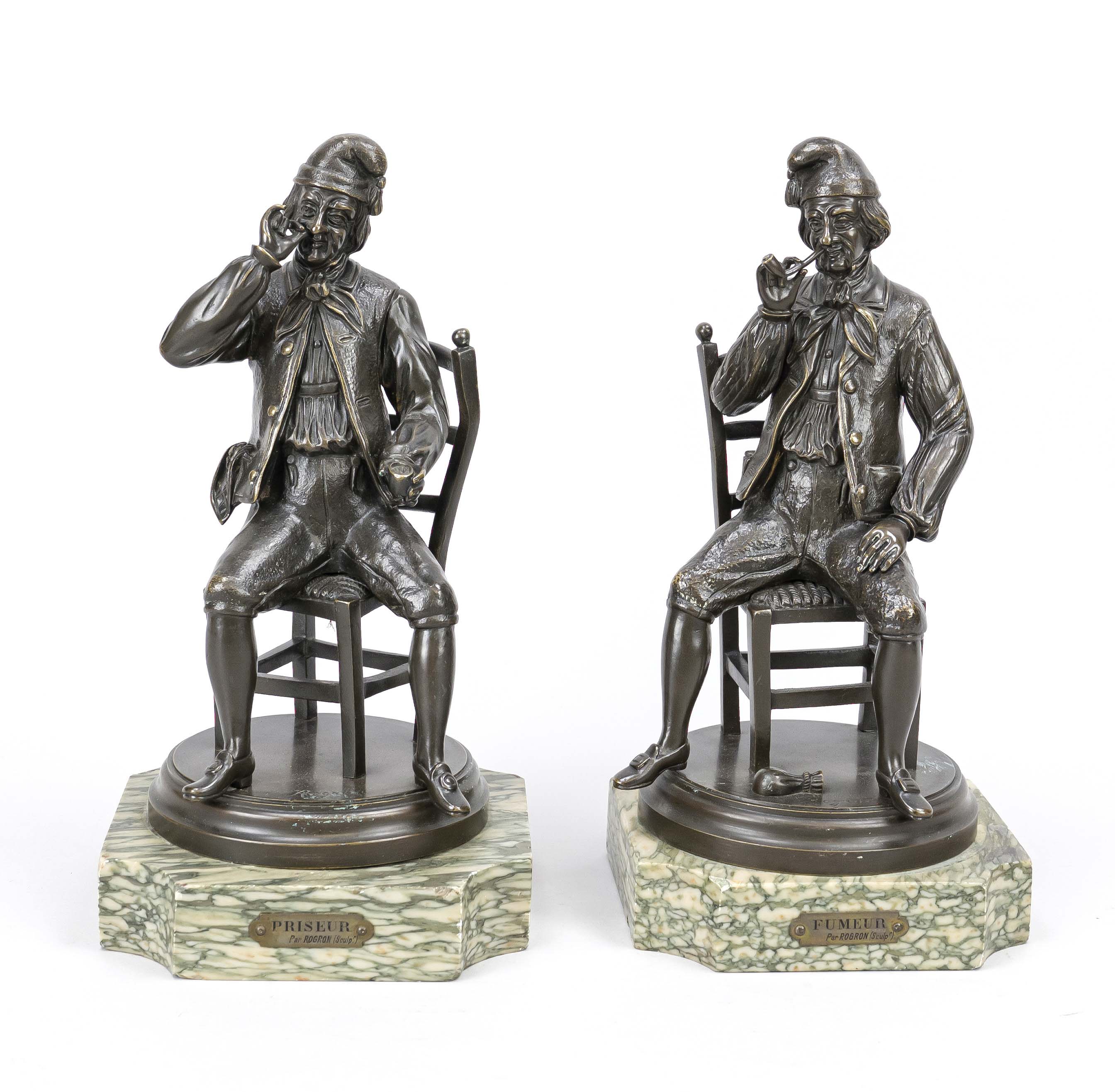 G. Rogron, sculptor c. 1900, a smoker and a snuffer, men sitting on chairs, dark patinated